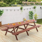 Ensemble de table de pique-nique d’extérieur en bois Zevemomo pour 10 à 12 personnes, avec trou pour parasol et 2 longs bancs intégrés, 95 pouces, pour jardins et cours, marron