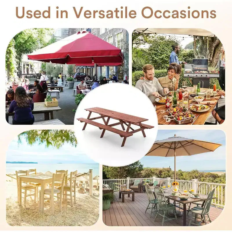 Ensemble de table de pique-nique d’extérieur en bois Zevemomo pour 10 à 12 personnes, avec trou pour parasol et 2 longs bancs intégrés, 95 pouces, pour jardins et cours, marron