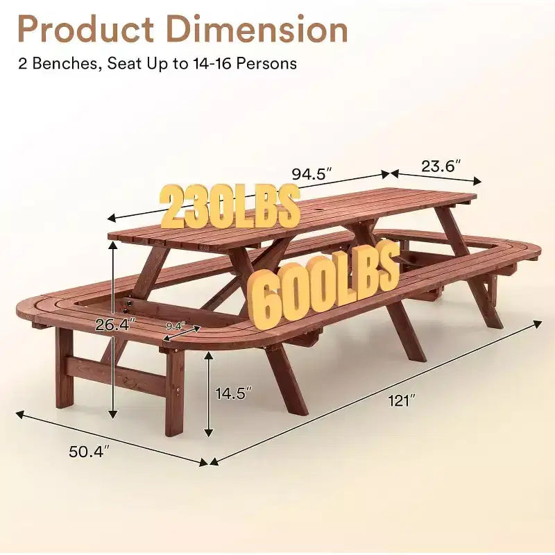 Ensemble de repas d’extérieur en bois Zevemomo pour 14 à 16 personnes, avec emplacement pour parasol, 2 longues banquettes intégrées, capacité totale de 2630LBS, pour jardin, marron
