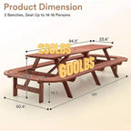 Ensemble de repas d’extérieur en bois Zevemomo pour 14 à 16 personnes, avec emplacement pour parasol, 2 longues banquettes intégrées, capacité totale de 2630LBS, pour jardin, marron