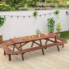 Ensemble de repas d’extérieur en bois Zevemomo pour 14 à 16 personnes, avec emplacement pour parasol, 2 longues banquettes intégrées, capacité totale de 2630LBS, pour jardin, marron