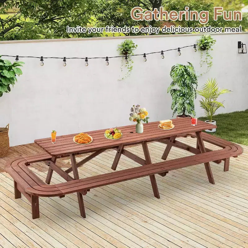 Ensemble de repas d’extérieur en bois Zevemomo pour 14 à 16 personnes, avec emplacement pour parasol, 2 longues banquettes intégrées, capacité totale de 2630LBS, pour jardin, marron