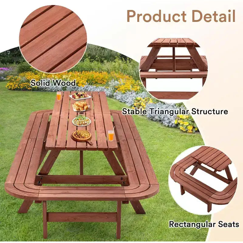 Ensemble de repas d’extérieur en bois Zevemomo pour 14 à 16 personnes, avec emplacement pour parasol, 2 longues banquettes intégrées, capacité totale de 2630LBS, pour jardin, marron