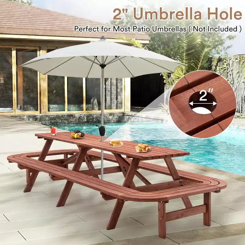Ensemble de repas d’extérieur en bois Zevemomo pour 14 à 16 personnes, avec emplacement pour parasol, 2 longues banquettes intégrées, capacité totale de 2630LBS, pour jardin, marron
