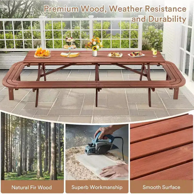 Ensemble de repas d’extérieur en bois Zevemomo pour 14 à 16 personnes, avec emplacement pour parasol, 2 longues banquettes intégrées, capacité totale de 2630LBS, pour jardin, marron