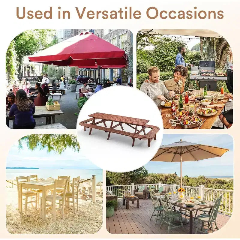 Ensemble de repas d’extérieur en bois Zevemomo pour 14 à 16 personnes, avec emplacement pour parasol, 2 longues banquettes intégrées, capacité totale de 2630LBS, pour jardin, marron