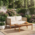 Christopher Knight Home Bradley Patio Modern Acacia Wood 2-Piece Loveseat and Coffee Table Set with Woven Rope Panels and Cushions