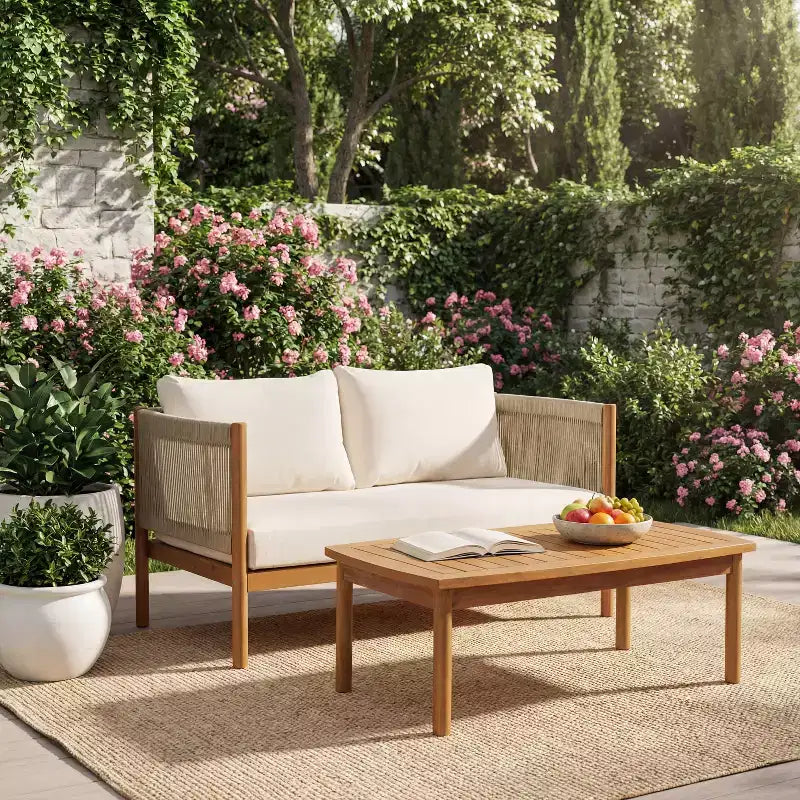 Christopher Knight Home Bradley Patio Modern Acacia Wood 2-Piece Loveseat and Coffee Table Set with Woven Rope Panels and Cushions