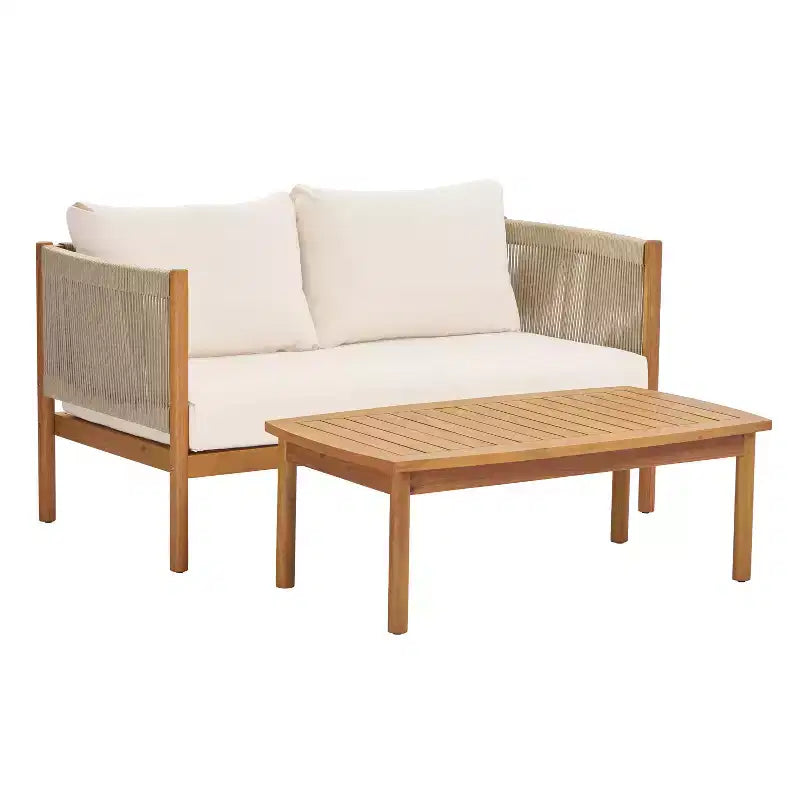 Christopher Knight Home Bradley – Ensemble moderne de mobilier de terrasse en bois d’acacia de 2 pièces comprenant une banquette deux places et une table basse, avec panneaux en corde tressée et coussins