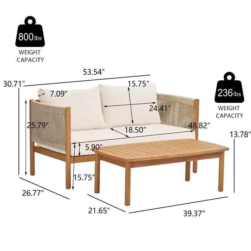 Christopher Knight Home Bradley – Ensemble moderne de mobilier de terrasse en bois d’acacia de 2 pièces comprenant une banquette deux places et une table basse, avec panneaux en corde tressée et coussins
