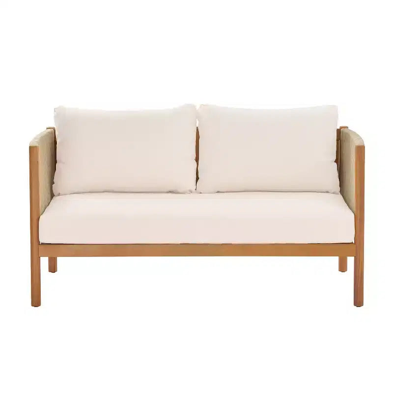 Christopher Knight Home Bradley – Ensemble moderne de mobilier de terrasse en bois d’acacia de 2 pièces comprenant une banquette deux places et une table basse, avec panneaux en corde tressée et coussins