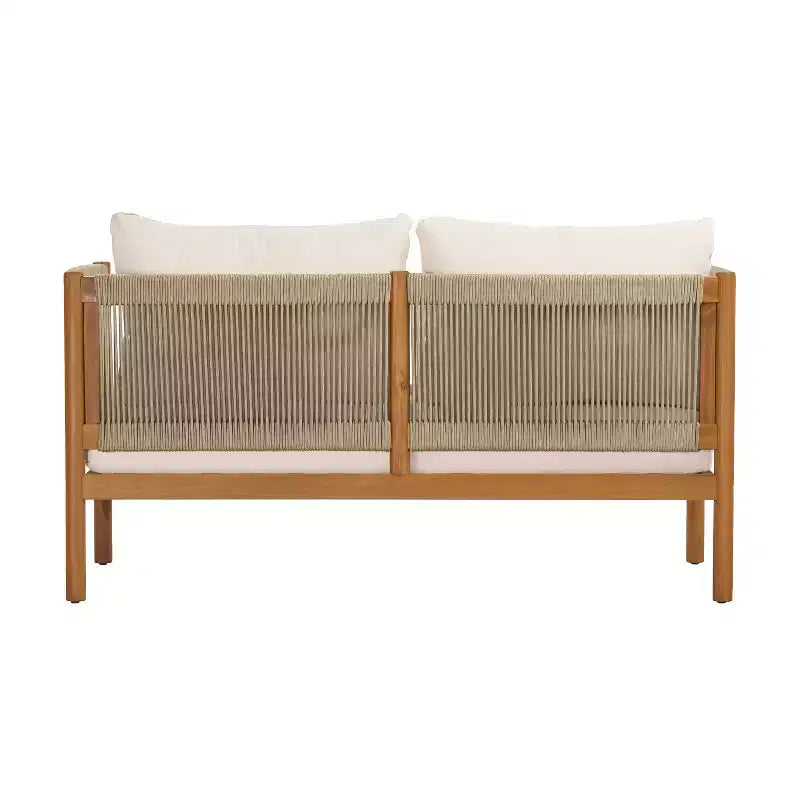Christopher Knight Home Bradley – Ensemble moderne de mobilier de terrasse en bois d’acacia de 2 pièces comprenant une banquette deux places et une table basse, avec panneaux en corde tressée et coussins