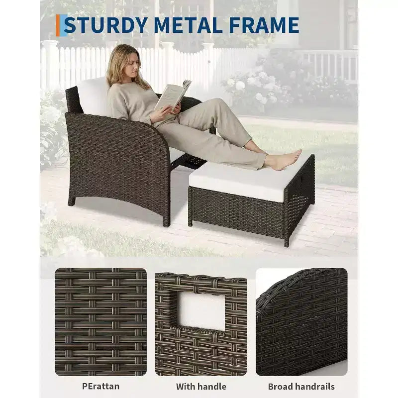 Ensemble de mobilier de jardin GustoWave en rotin PE, 5 pièces, sièges d’extérieur en résine tressée avec poufs et table en verre, ensemble convivial tout temps pour jardin ou balcon