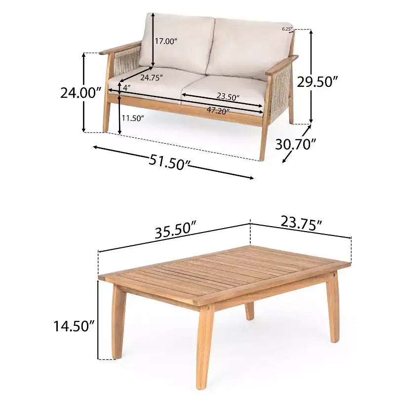 2/4-Piece Patio Conversation Set, Acacia Wood Outdoor Furniture Set with Loveseat Sofa, Table, Chair for Garden/Balcony/Backyard - ModernLuxe