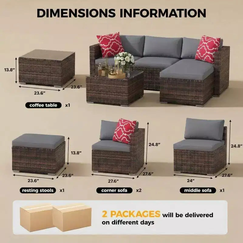 Ensemble de mobilier de jardin, 5 pièces, canapé modulaire en résine tressée tout temps avec coussins antidérapants, ensemble de canapé d’extérieur en rotin avec pouf