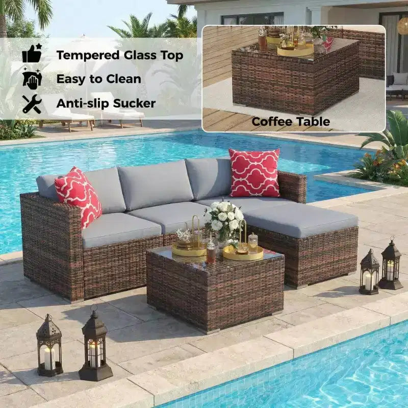 Ensemble de mobilier de jardin, 5 pièces, canapé modulaire en résine tressée tout temps avec coussins antidérapants, ensemble de canapé d’extérieur en rotin avec pouf