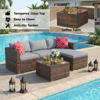 Ensemble de mobilier de jardin, 5 pièces, canapé modulaire en résine tressée tout temps avec coussins antidérapants, ensemble de canapé d’extérieur en rotin avec pouf