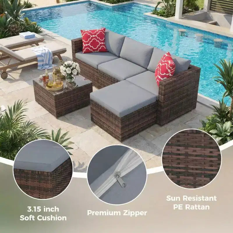 Ensemble de mobilier de jardin, 5 pièces, canapé modulaire en résine tressée tout temps avec coussins antidérapants, ensemble de canapé d’extérieur en rotin avec pouf