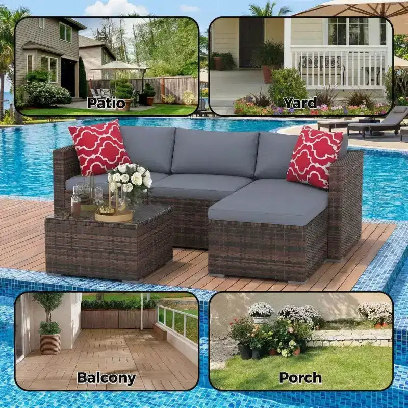 Ensemble de mobilier de jardin, 5 pièces, canapé modulaire en résine tressée tout temps avec coussins antidérapants, ensemble de canapé d’extérieur en rotin avec pouf