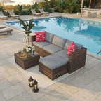 Ensemble de mobilier de jardin, 5 pièces, canapé modulaire en résine tressée tout temps avec coussins antidérapants, ensemble de canapé d’extérieur en rotin avec pouf