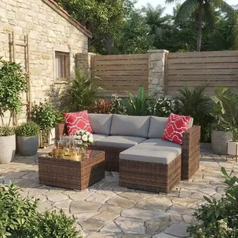 Ensemble de mobilier de jardin, 5 pièces, canapé modulaire en résine tressée tout temps avec coussins antidérapants, ensemble de canapé d’extérieur en rotin avec pouf