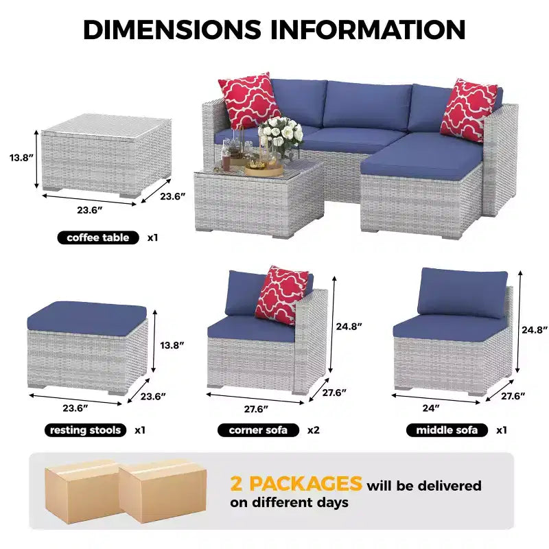 Ensemble de mobilier de jardin, 5 pièces, canapé modulaire en résine tressée tout temps avec coussins antidérapants, ensemble de canapé d’extérieur en rotin avec pouf
