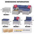 Ensemble de mobilier de jardin, 5 pièces, canapé modulaire en résine tressée tout temps avec coussins antidérapants, ensemble de canapé d’extérieur en rotin avec pouf
