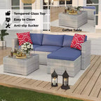 Ensemble de mobilier de jardin, 5 pièces, canapé modulaire en résine tressée tout temps avec coussins antidérapants, ensemble de canapé d’extérieur en rotin avec pouf