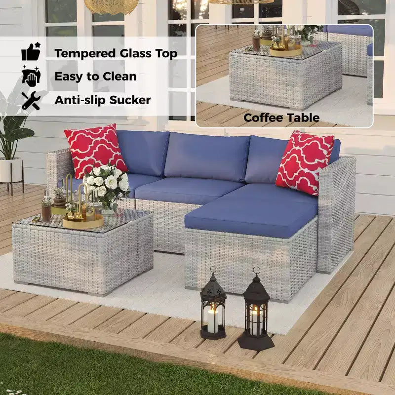 Ensemble de mobilier de jardin, 5 pièces, canapé modulaire en résine tressée tout temps avec coussins antidérapants, ensemble de canapé d’extérieur en rotin avec pouf