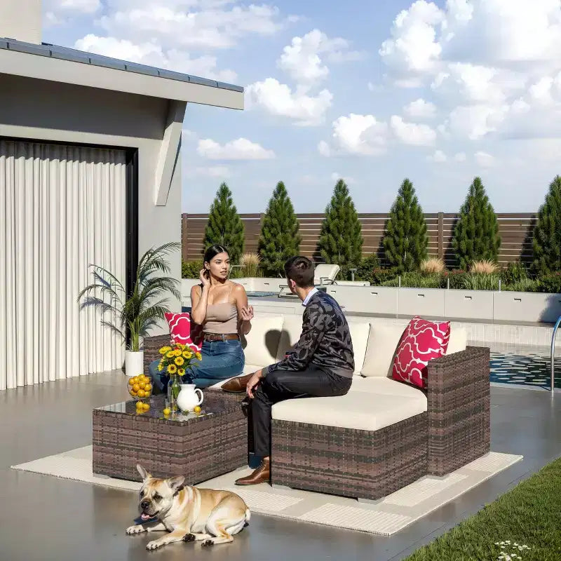 Ensemble de mobilier de jardin, 5 pièces, canapé modulaire en résine tressée tout temps avec coussins antidérapants, ensemble de canapé d’extérieur en rotin avec pouf