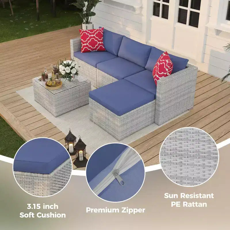 Ensemble de mobilier de jardin, 5 pièces, canapé modulaire en résine tressée tout temps avec coussins antidérapants, ensemble de canapé d’extérieur en rotin avec pouf