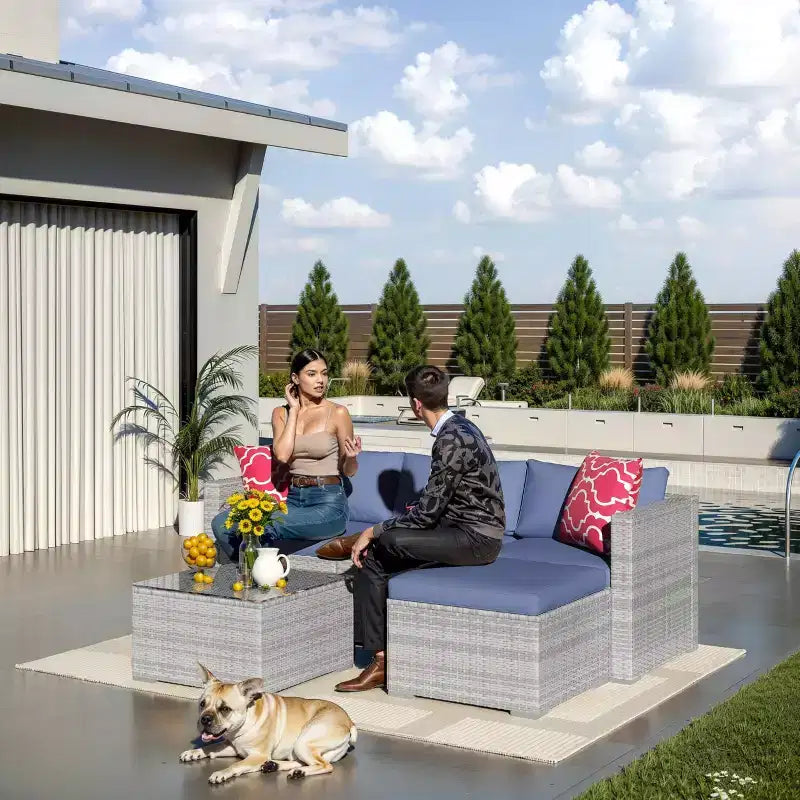 Ensemble de mobilier de jardin, 5 pièces, canapé modulaire en résine tressée tout temps avec coussins antidérapants, ensemble de canapé d’extérieur en rotin avec pouf