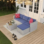 Ensemble de mobilier de jardin, 5 pièces, canapé modulaire en résine tressée tout temps avec coussins antidérapants, ensemble de canapé d’extérieur en rotin avec pouf