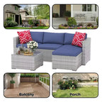 Ensemble de mobilier de jardin, 5 pièces, canapé modulaire en résine tressée tout temps avec coussins antidérapants, ensemble de canapé d’extérieur en rotin avec pouf
