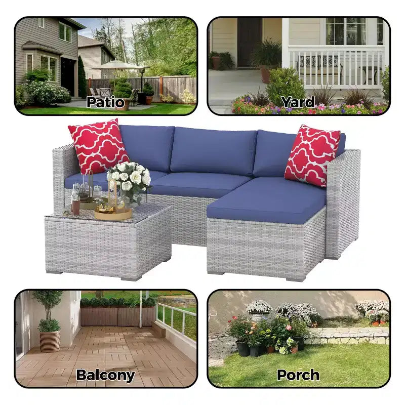 Ensemble de mobilier de jardin, 5 pièces, canapé modulaire en résine tressée tout temps avec coussins antidérapants, ensemble de canapé d’extérieur en rotin avec pouf