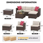 Ensemble de mobilier de jardin, 5 pièces, canapé modulaire en résine tressée tout temps avec coussins antidérapants, ensemble de canapé d’extérieur en rotin avec pouf