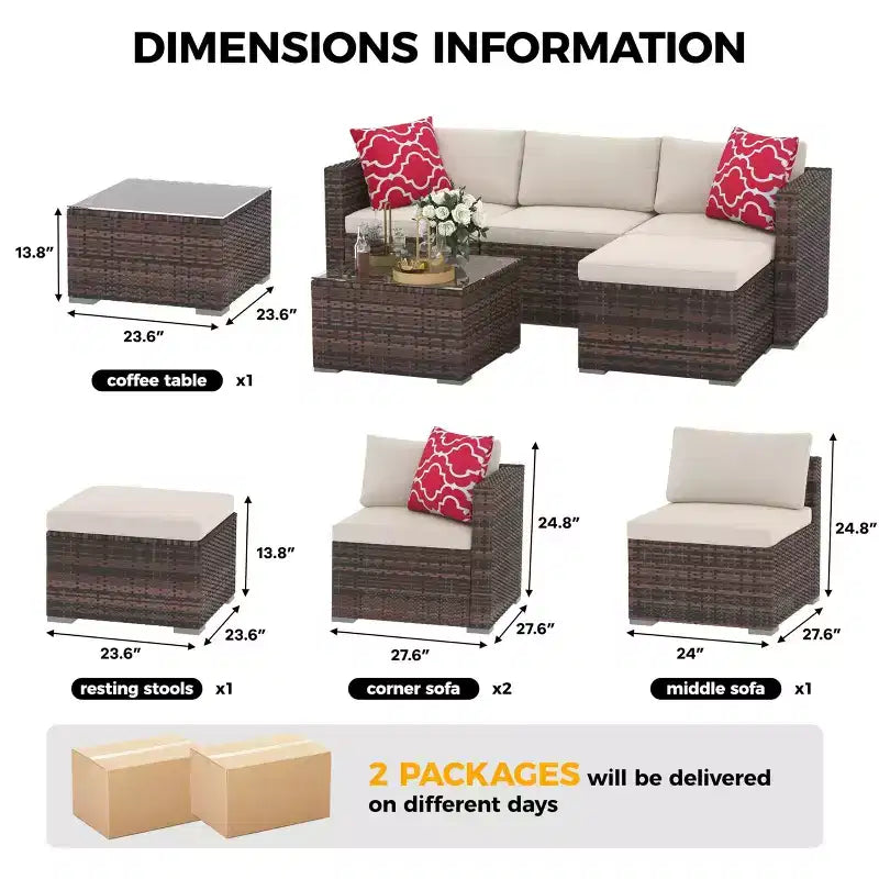 Ensemble de mobilier de jardin, 5 pièces, canapé modulaire en résine tressée tout temps avec coussins antidérapants, ensemble de canapé d’extérieur en rotin avec pouf