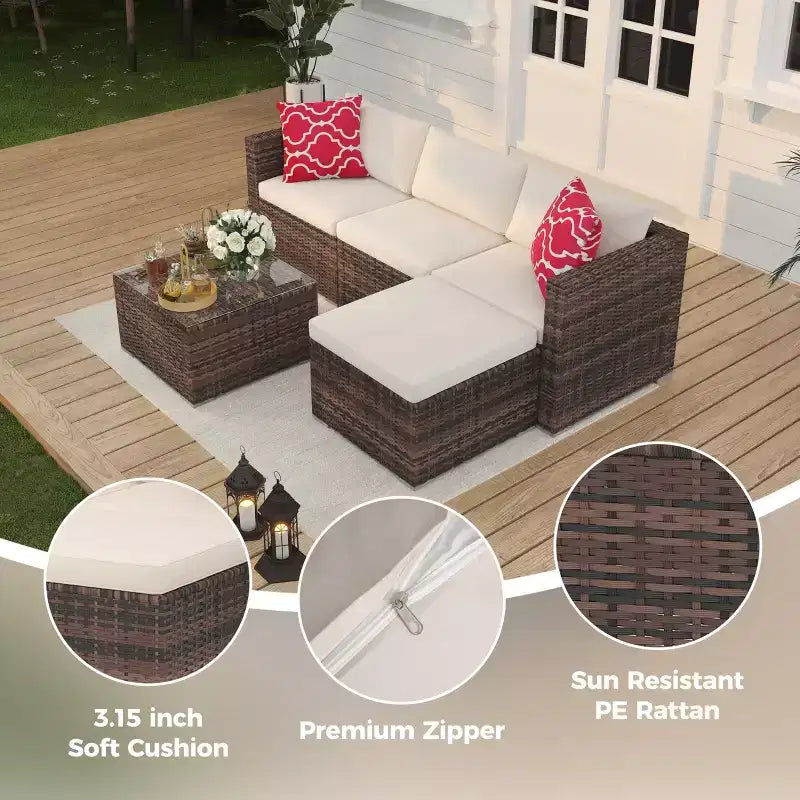 Ensemble de mobilier de jardin, 5 pièces, canapé modulaire en résine tressée tout temps avec coussins antidérapants, ensemble de canapé d’extérieur en rotin avec pouf