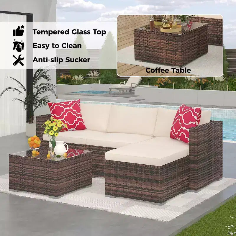 Ensemble de mobilier de jardin, 5 pièces, canapé modulaire en résine tressée tout temps avec coussins antidérapants, ensemble de canapé d’extérieur en rotin avec pouf