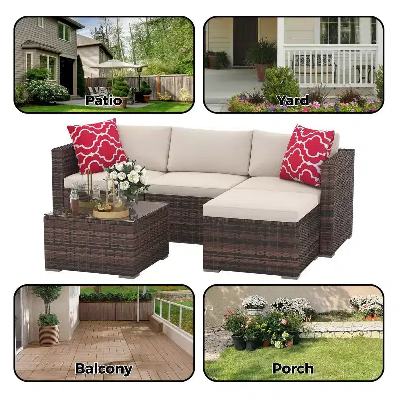 Ensemble de mobilier de jardin, 5 pièces, canapé modulaire en résine tressée tout temps avec coussins antidérapants, ensemble de canapé d’extérieur en rotin avec pouf