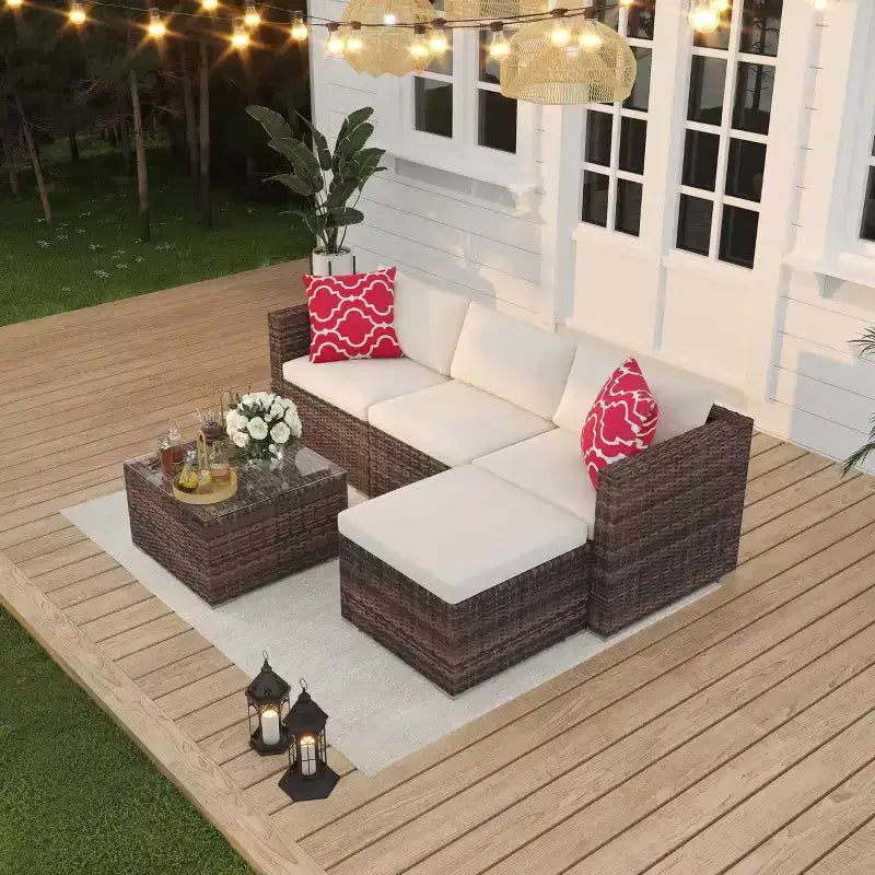 Ensemble de mobilier de jardin, 5 pièces, canapé modulaire en résine tressée tout temps avec coussins antidérapants, ensemble de canapé d’extérieur en rotin avec pouf