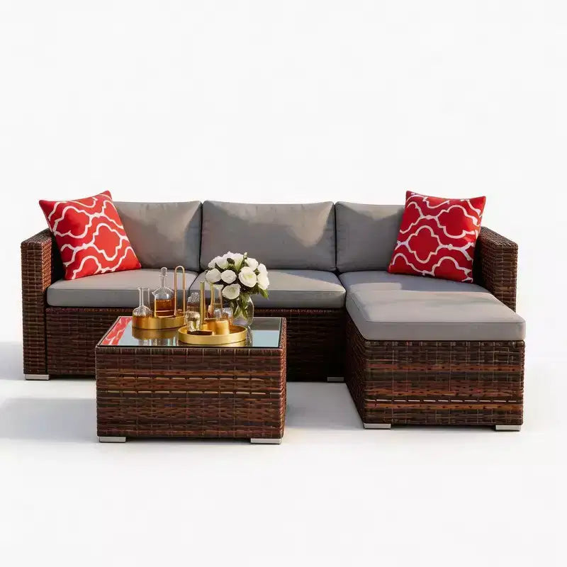 Ensemble de mobilier de jardin, 5 pièces, canapé modulaire en résine tressée tout temps avec coussins antidérapants, ensemble de canapé d’extérieur en rotin avec pouf