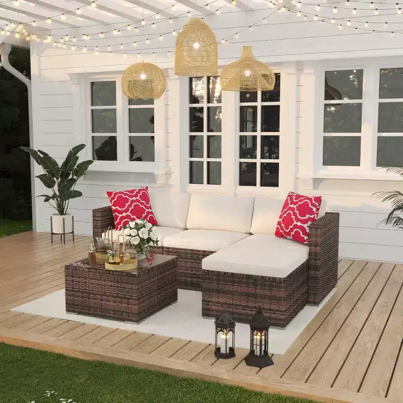 5 Pieces Patio Furniture Set, All-Weather Wicker Sectional Sofa With Anti-Slip Cushions, Rattan Outdoor Patio Furniture Sofa Set With Ottoman