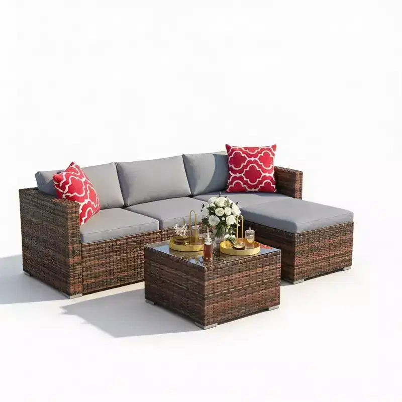 Conjunto de muebles de patio de 5 piezas, sofá seccional de mimbre para cualquier clima con cojines antideslizantes, conjunto de sofá de muebles de patio exterior de ratán con otomana