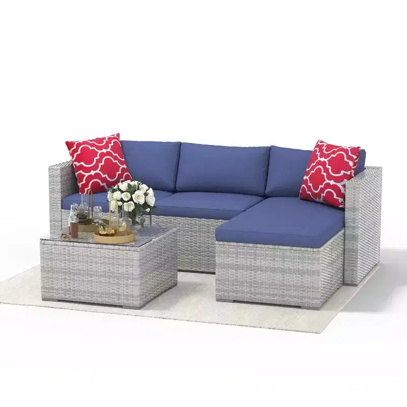 Conjunto de muebles de patio de 5 piezas, sofá seccional de mimbre para cualquier clima con cojines antideslizantes, conjunto de sofá de muebles de patio exterior de ratán con otomana