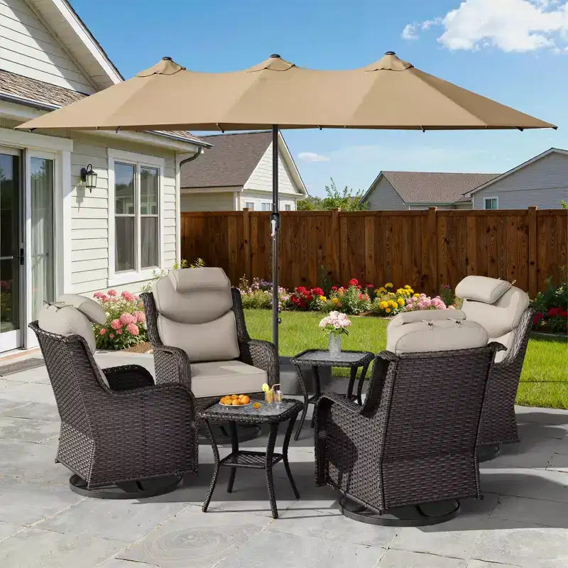 UPTIOT Outdoor Patio Set with Rocking Chairs, Side Tables & 15FT Sun Umbrella for Garden Relaxation