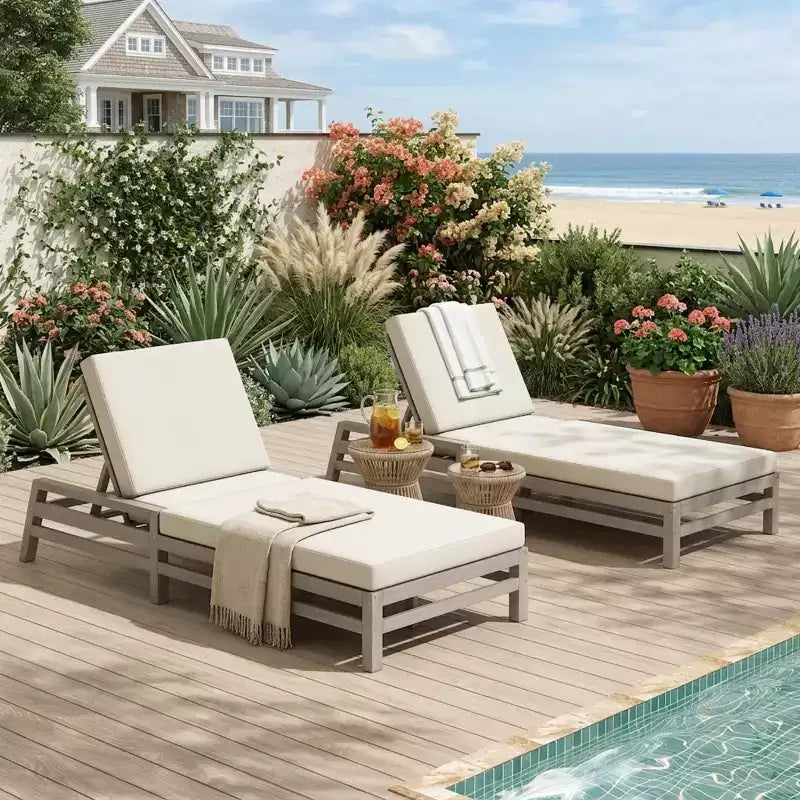 Merax 5-Position Acacia Outdoor Chaise Lounge with Thick Cushions