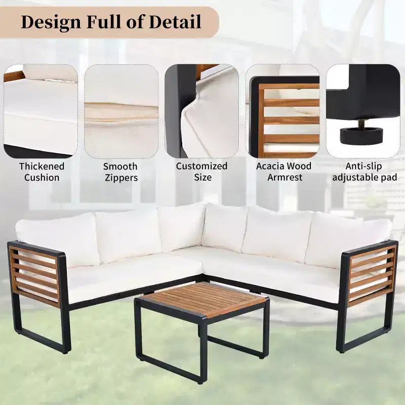4 részes kerti beszélgetős garnitúra, L alakú sarokkanapé párnákkal, kültéri ülőgarnitúra dohányzóasztallal kertbe vagy teraszra – Panipeachy