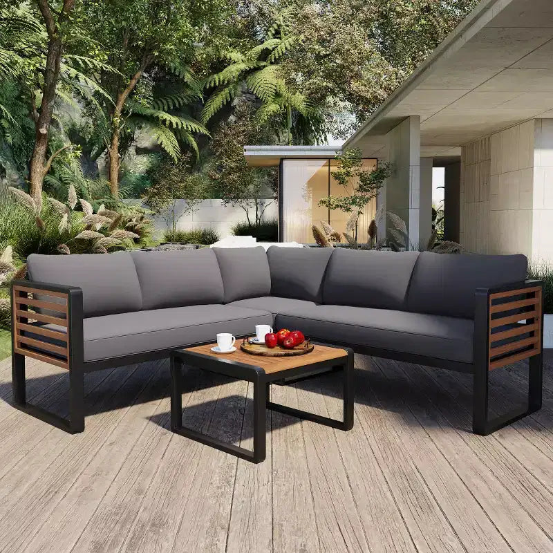 Conjunto de conversación para patio de 4 piezas, sofá seccional en forma de L con cojines, conjunto de asientos de exterior con mesa de centro para jardín o terraza-Panipeachy