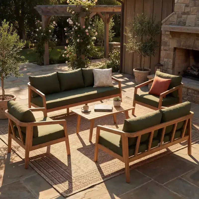 Christopher Knight Home Sunny moderne 5-teilige Sitzgruppe aus Akazienholz mit rechteckigem Tisch mit Lamellenplatte und 7 Sitzplätzen